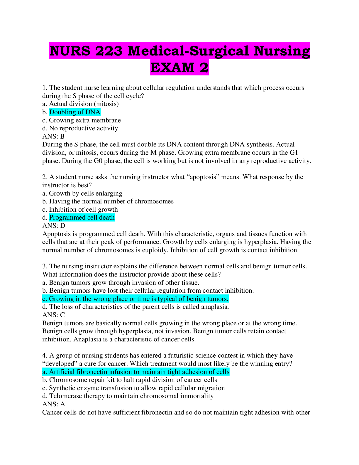 NURS 223 Medical-Surgical Nursing EXAM 2 Latest